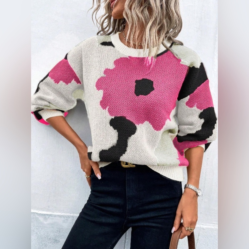 Floral Pattern Round Neck Sweater - Picture 12 of 16